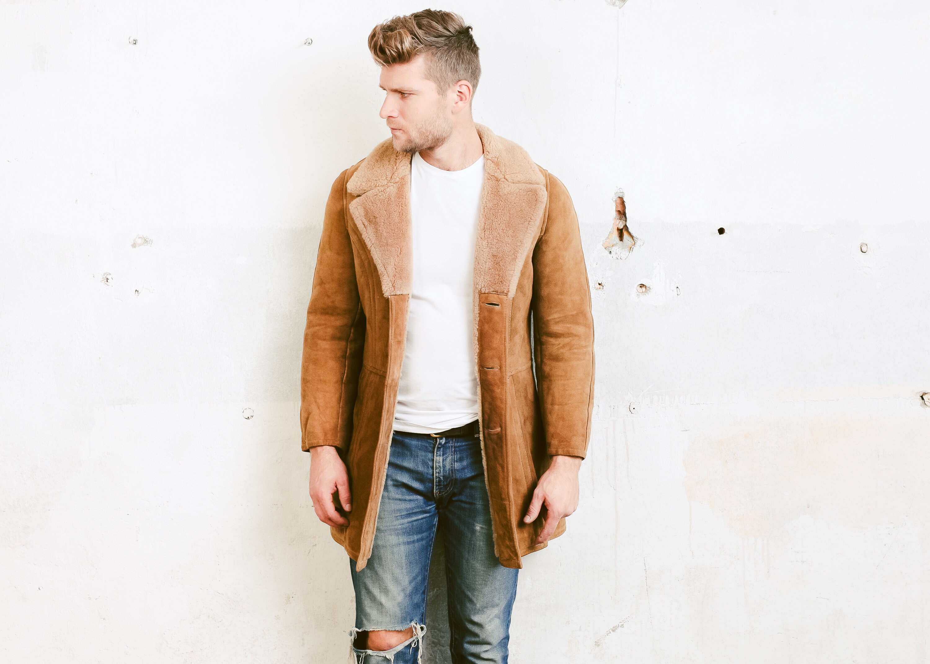 Suede Shearling Coat . Mens Vintage 70s Sherpa Jacket Coat Winter SUEDE Leather Brown Jacket