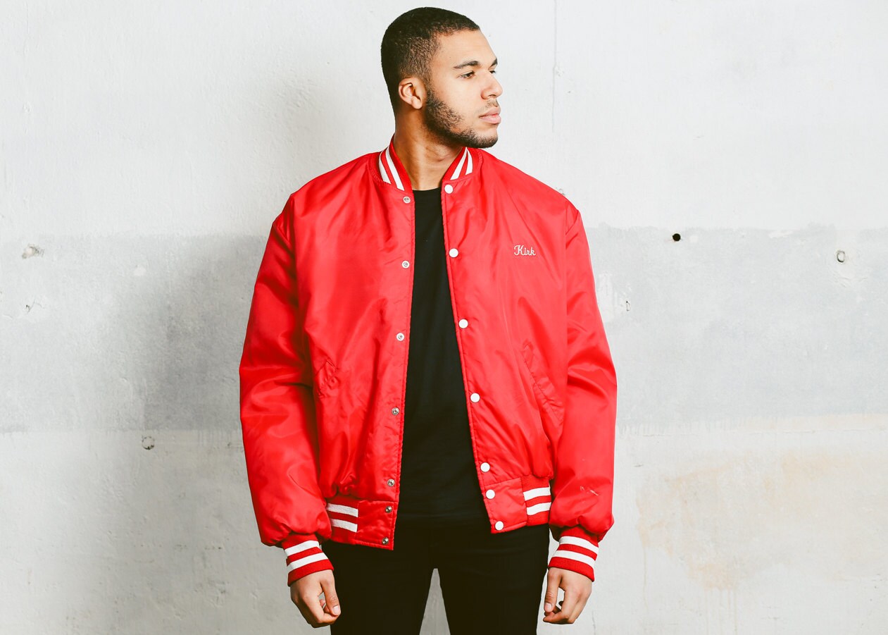 Vintage SPORT Jacket . Mens Nylon American 1980s Mens 80s Red Sports