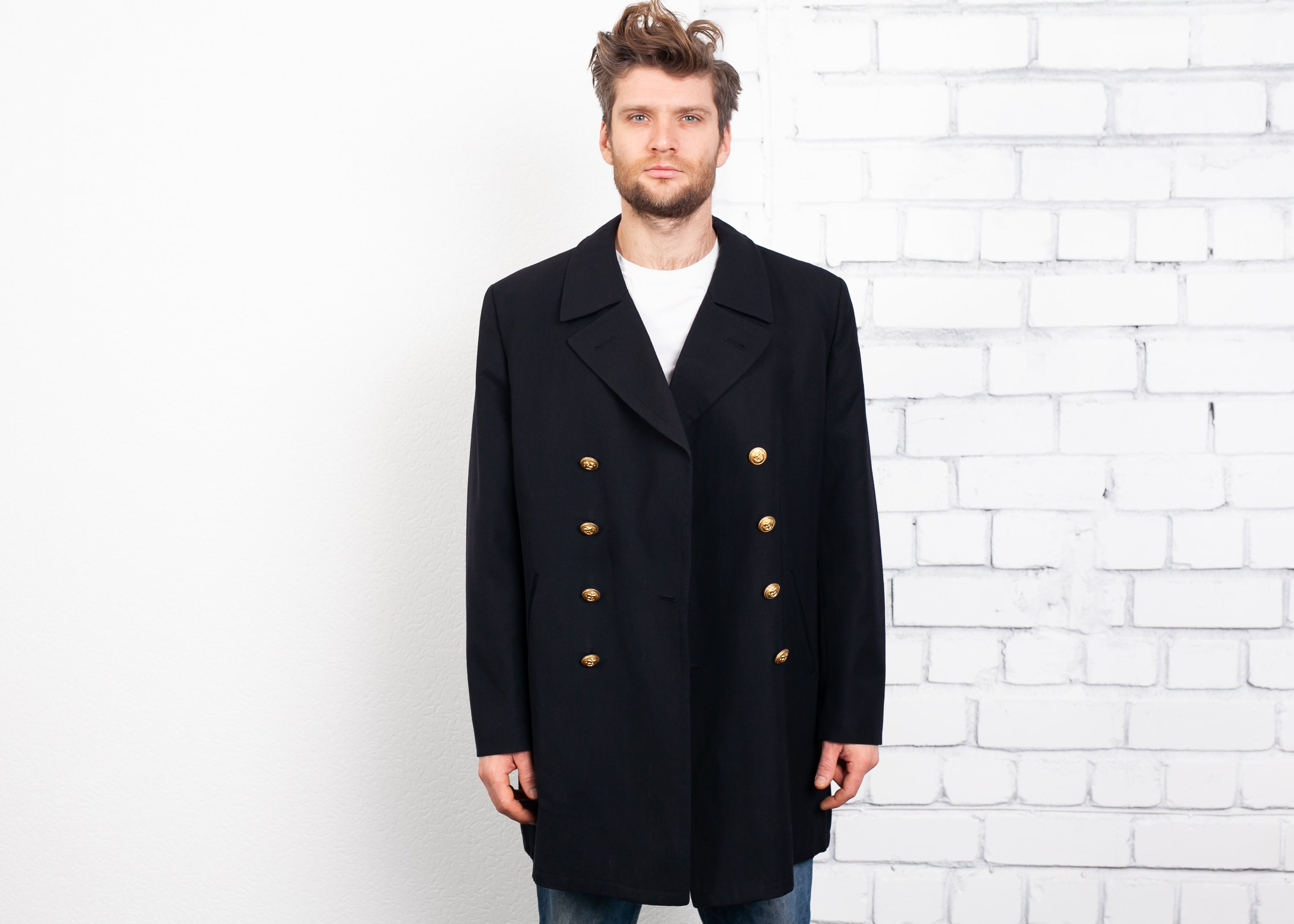 navy blue peacoat with gold buttons
