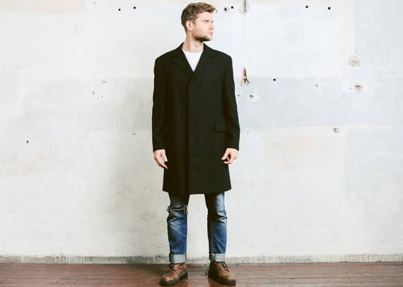 Mens Black WOOL COAT . Vintage Pea Coat Luxurious