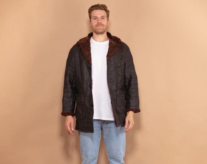 Men Sherpa Coat 90's, Size Medium, Vintage Dark Brown Leather Overcoat, 90s Faux Sheepskin Coat, Button Up Winter Jacket, Men Retro Clothing