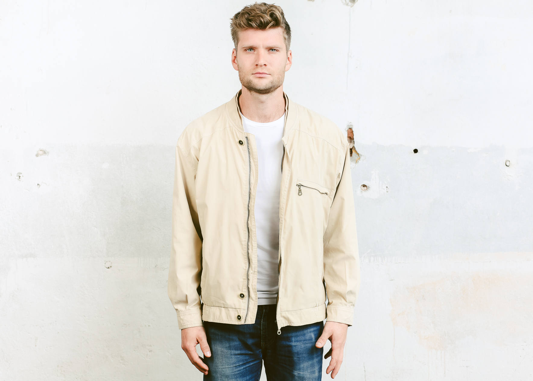 Men's Bomber Jacket . Beige Jacket Vintage 90s Coat Zip Up Flight ...