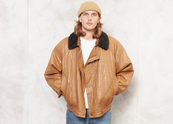 Brown Leather Jacket Bomber Men Vintage 80s Flight