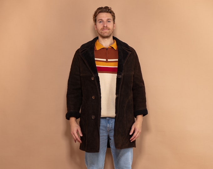 Dark Brown Sheepskin Coat 70s, Size Medium, Vintage Men Collared Coat, Suede Overcoat, Boho Winter Coat, Button Up Retro Sheep Skin Coat