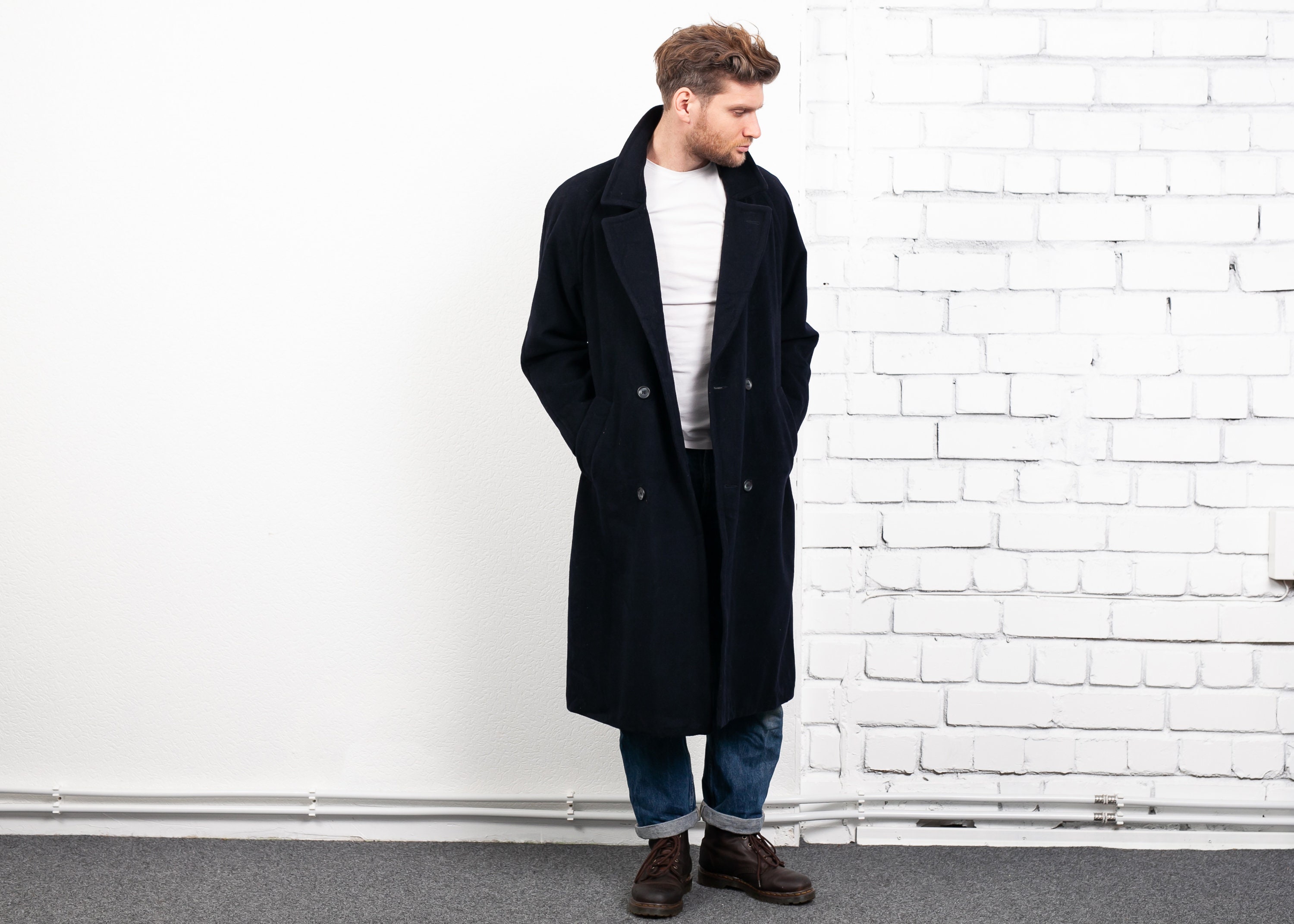 Double Breasted Wool Coat . Vintage 80s Oversized Men Jacket Men's Long ...