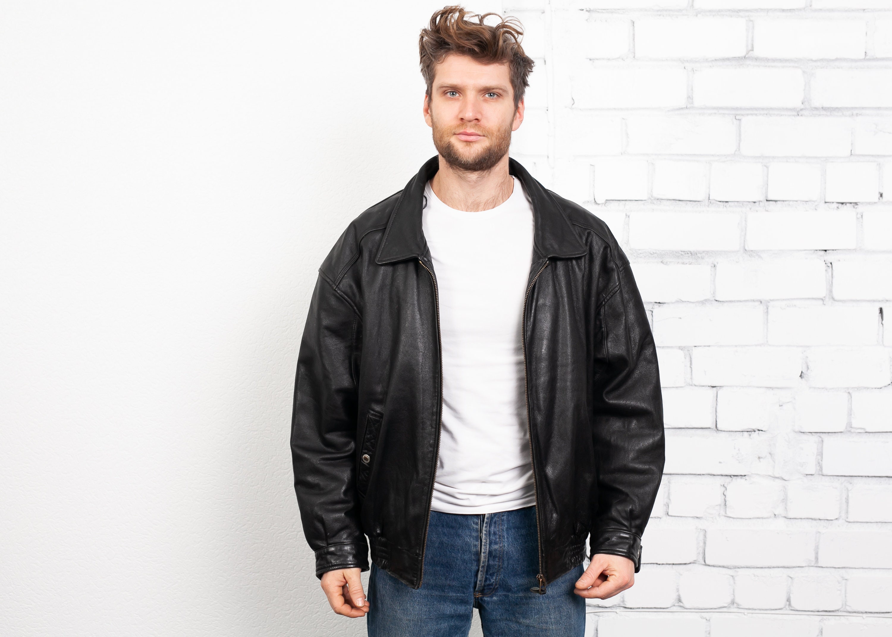 levi's black leather jacket mens