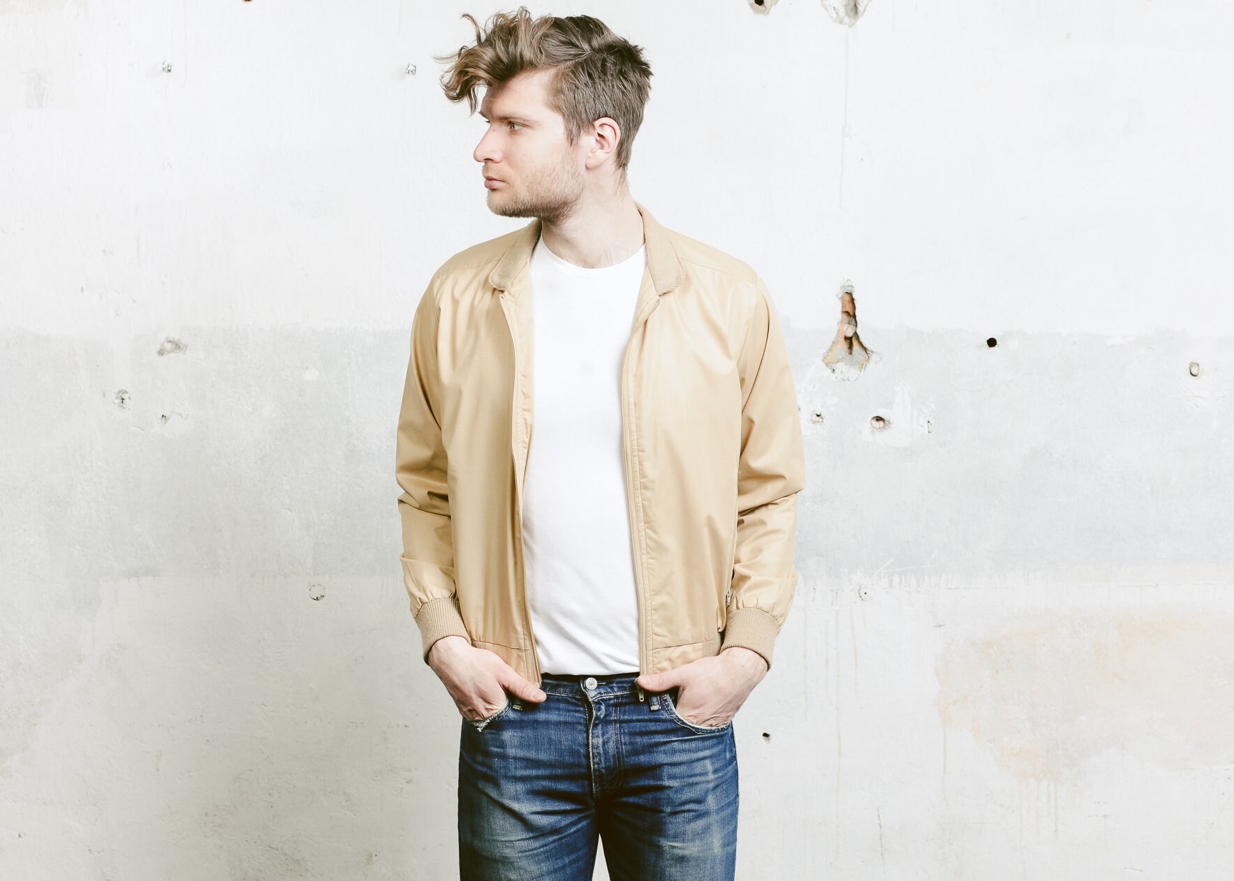 90 Bomber Jacket . Beige Bomber Coach Jacket Mens Vintage Cotton Blend ...