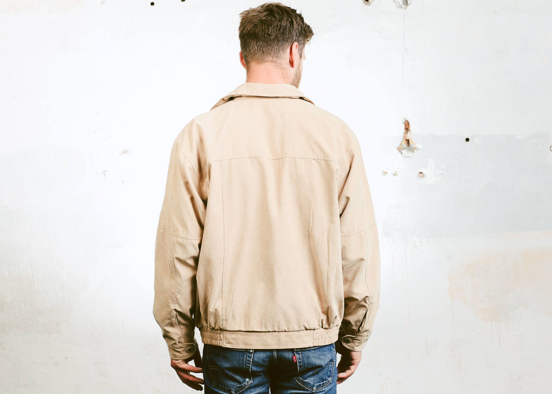 Men Faux Suede BOMBER Jacket . Vintage Beige Jacket 90s Zip Up Flight ...