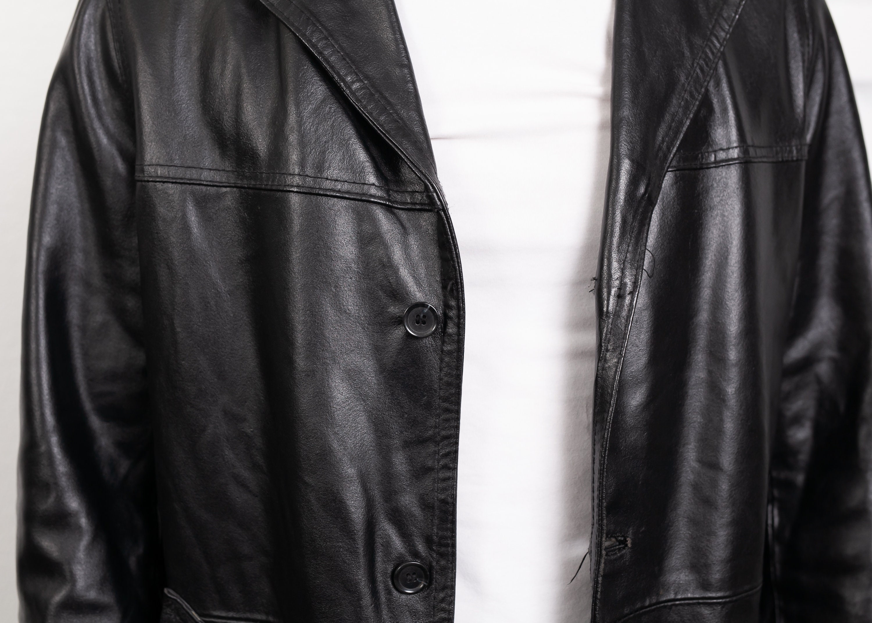 Vintage Leather Coat . Men's Black Spring Coat Jacket Men Lined Heavy