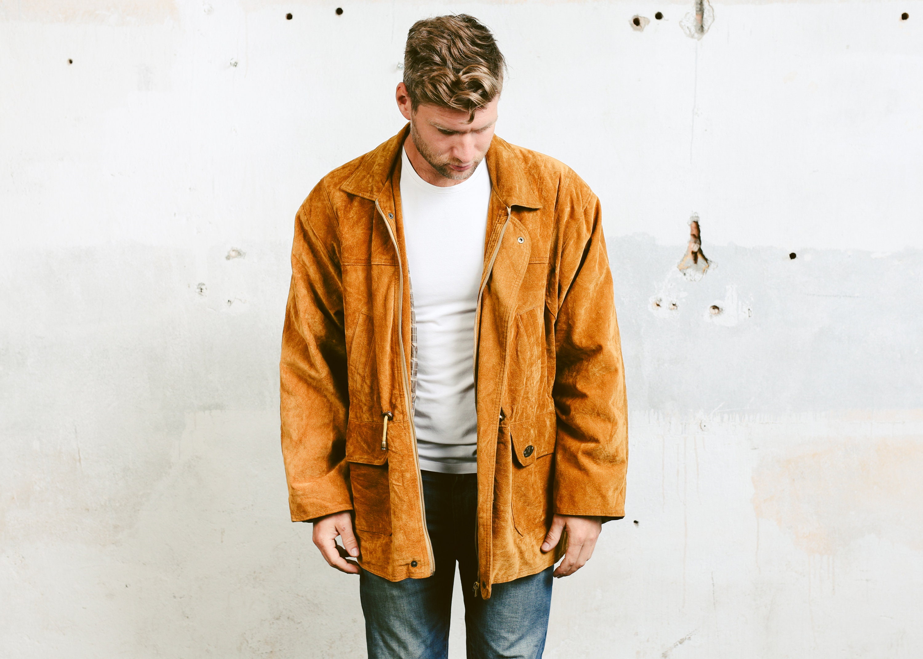 Men's Faux Suede Parka Coat . Oversized Jacket Orange Coat Vintage ...