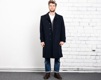 Wool Coat Men 70s navy new wool long coat single breasted minimalist preppy sleek sustainable vintage clothing overcoat size extra large