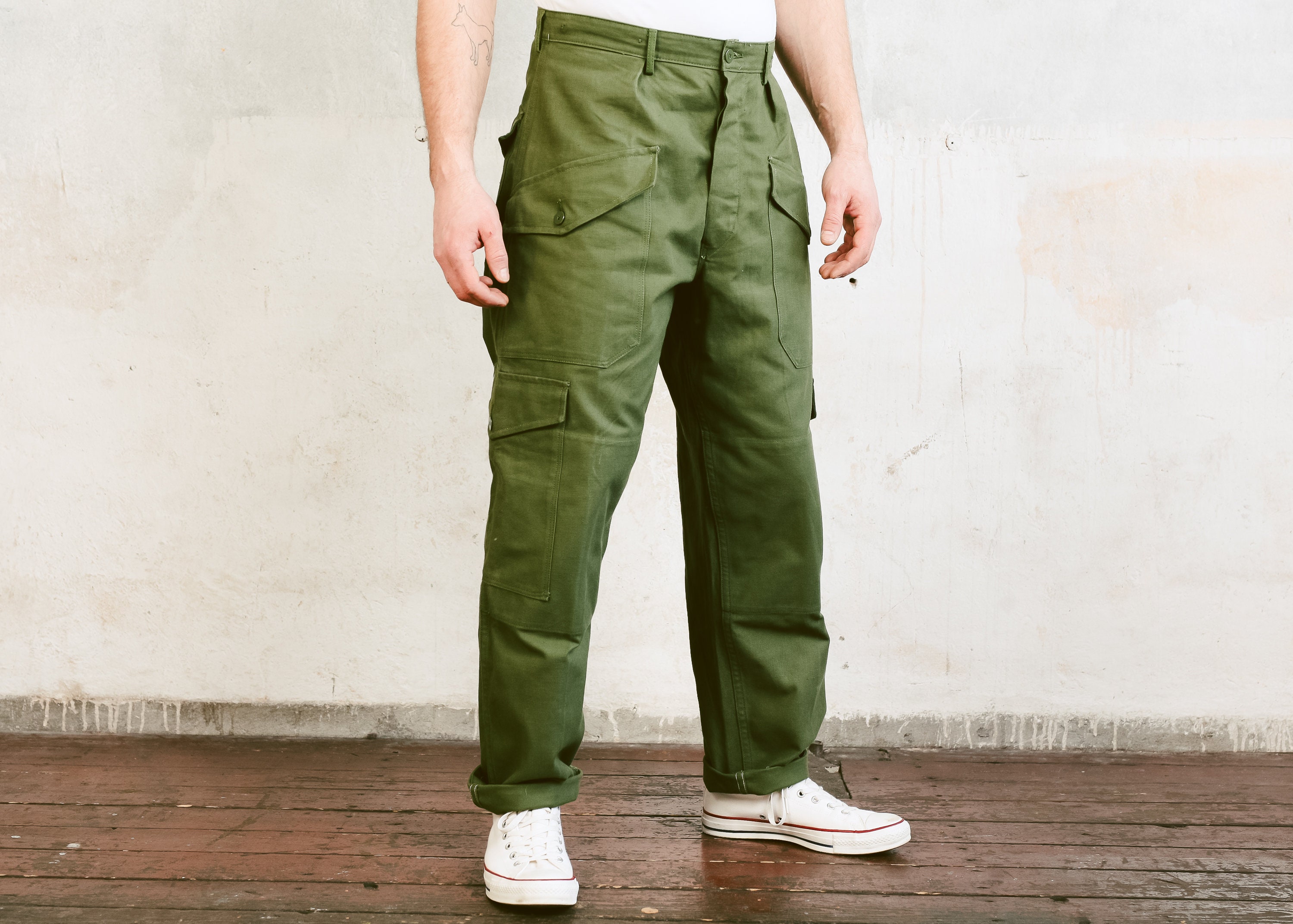 Vintage Military Trousers . Men's Khaki Green Thick Cotton Pants Men's