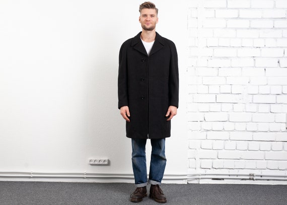 Black Wool Coat Vintage 1970s Overcoat Black Jacke