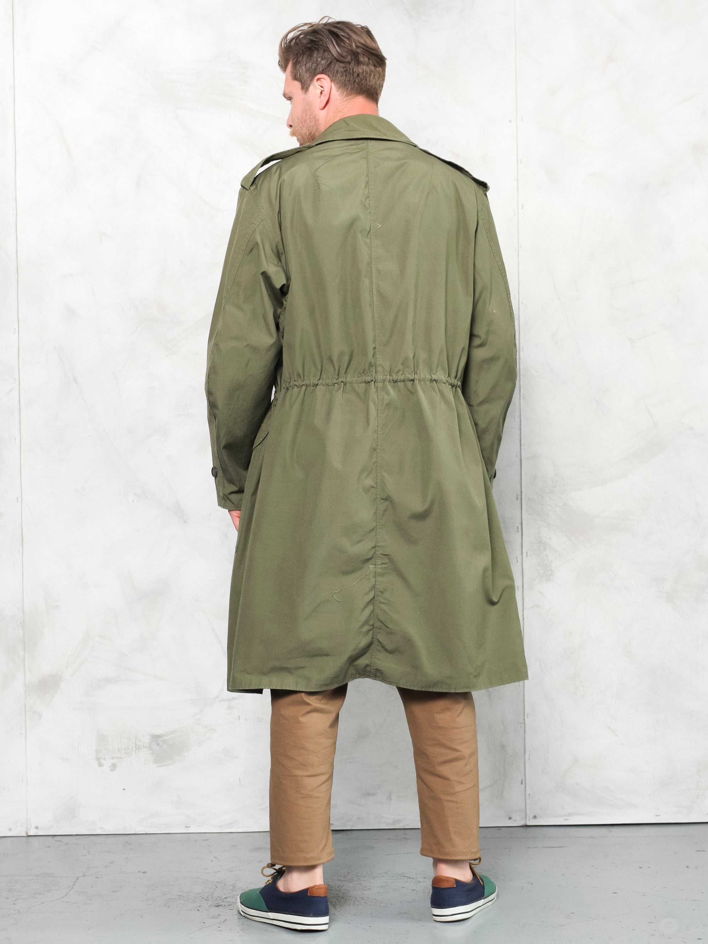 Military Green Coat men vintage 80s military overcoat button down