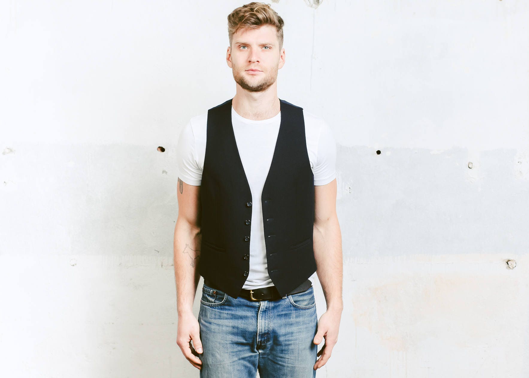 Vintage 80s MENS WAISTCOAT . Black Wool Formal Vest Dinner Suit