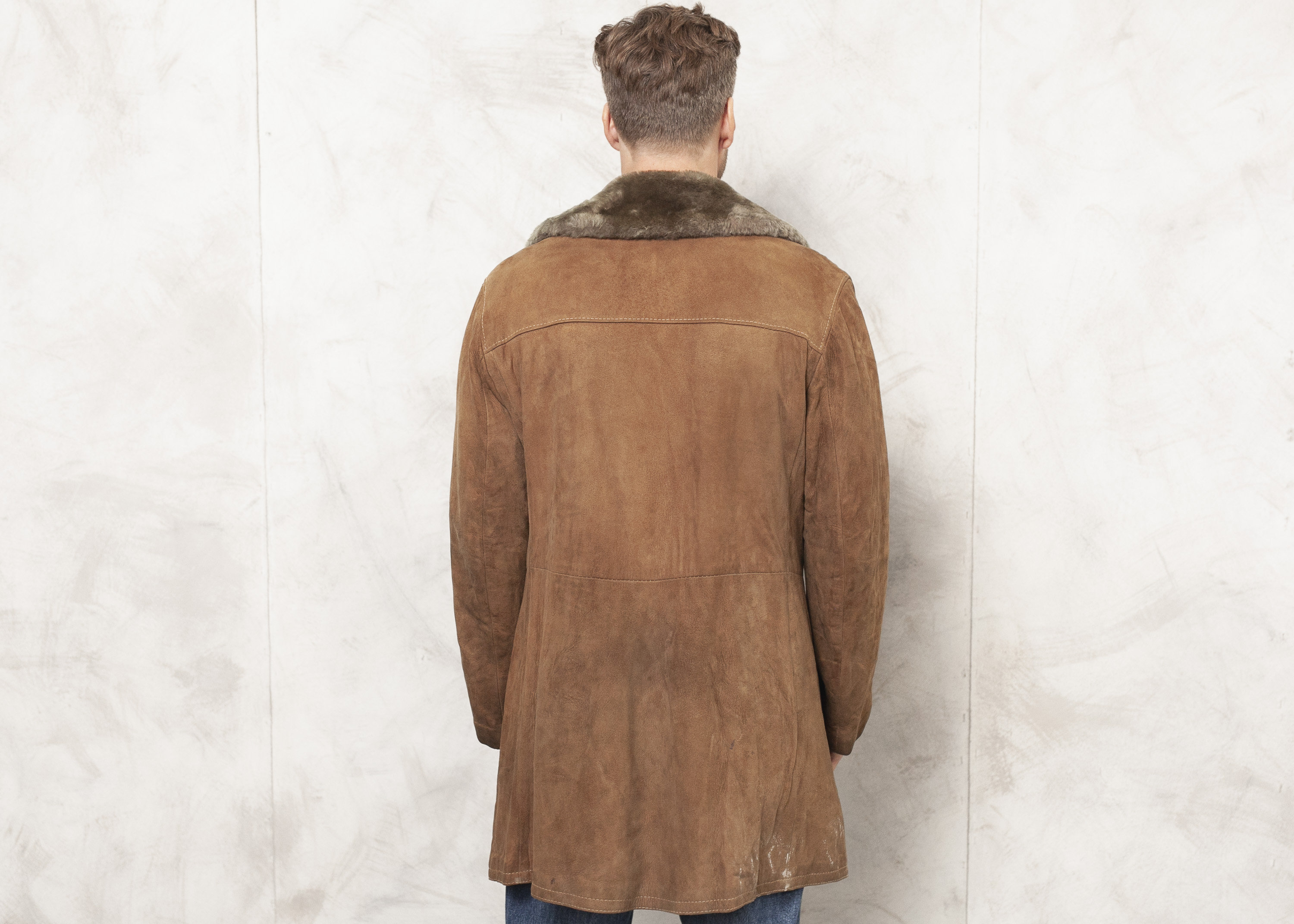 Suede Sheepskin Coat Shearling 70's Vintage 1970s Men Shearl Coat Brown