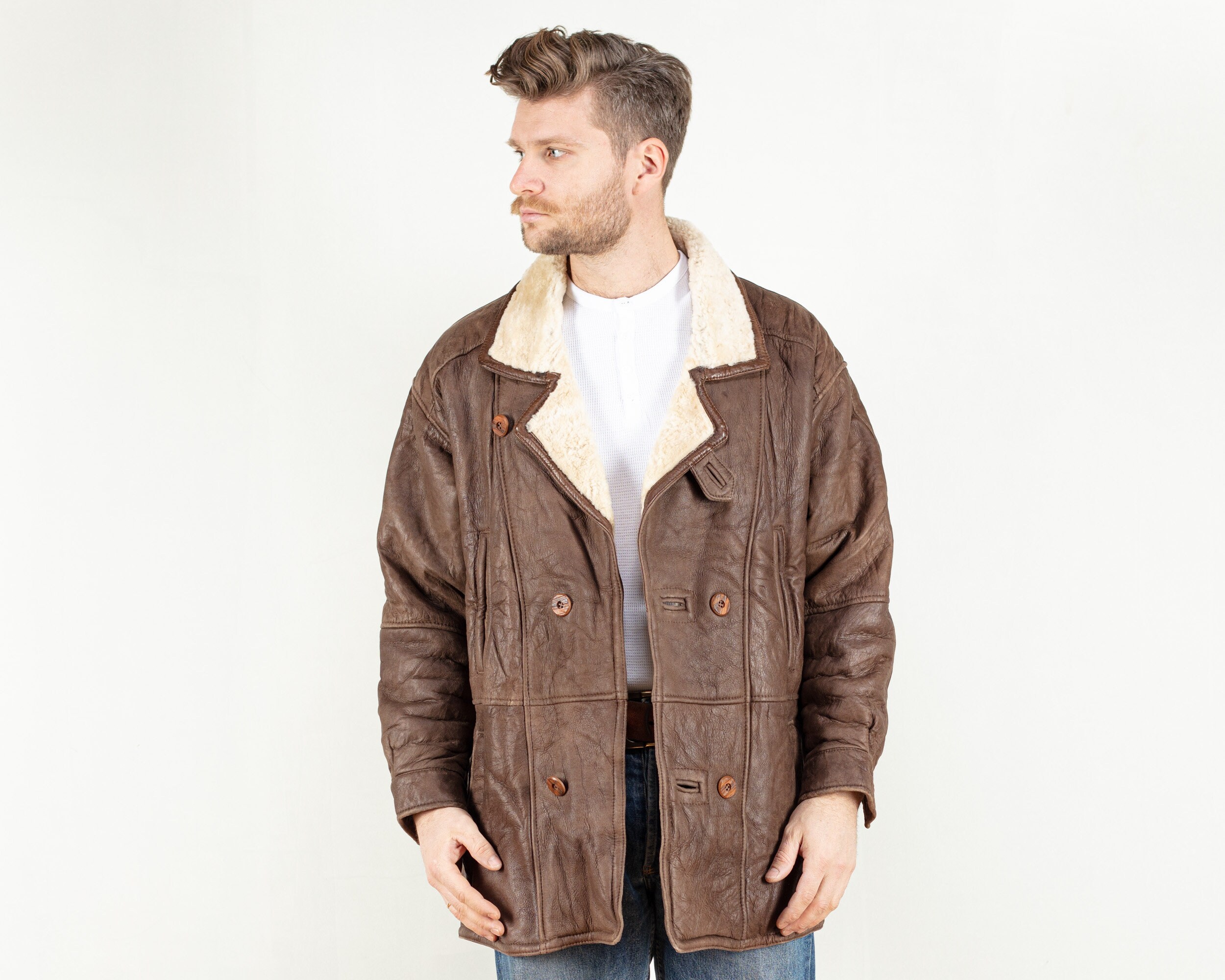 Men Sheepskin Coat Men 1980s Suede Coat 
