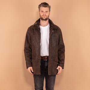 Manteau en cuir suédé homme des années 90, taille LVmanteau en daim zippé vintage, vêtements d&#39;extérieur pour homme, manteau en daim marron, vêtements homme des années 90, streetwear vintage des années 90