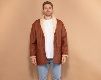 Cappotto in shearling vintage anni '80, taglia grande, soprabito di pelle di pecora da uomo, caldo cappotto invernale, cappotto in pelle marrone oversize, regalo per il marito