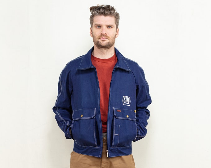Men Utility Jacket 90s vintage blue workwear outerwear overshirt chore jacket short coat protective cotton canvas warehouse size medium