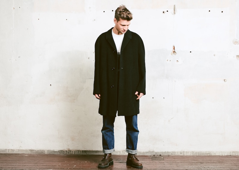 size Extra Large XL 50s Men Wool Overcoat 1950s Black Topcoat Greatcoat Jacket Men Overcoat Winter Coat Vintage Men Cocoon Coat