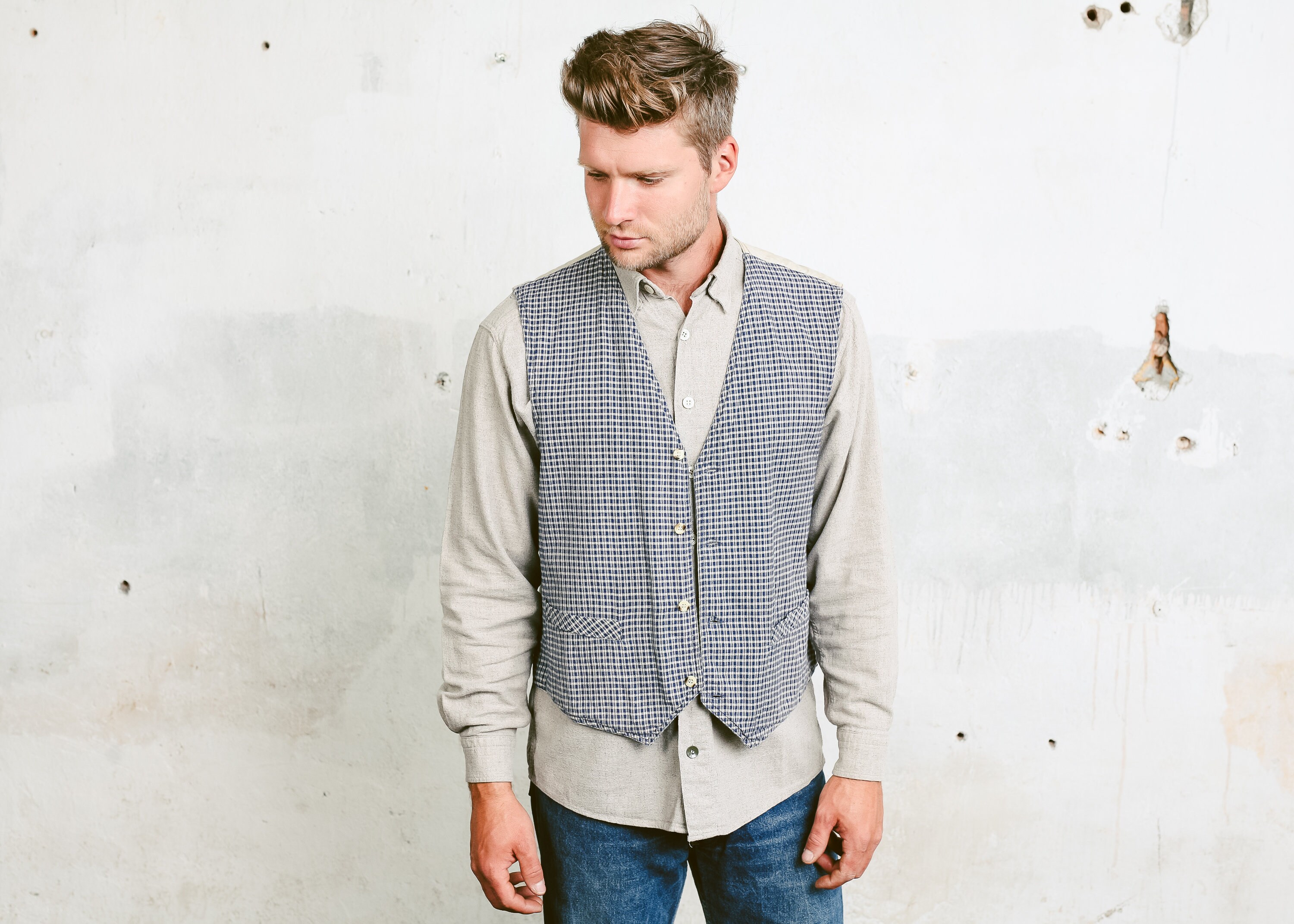 Vintage 90s Men's Plaid Vest . Men's Cotton Vest Check Print Sleeveless