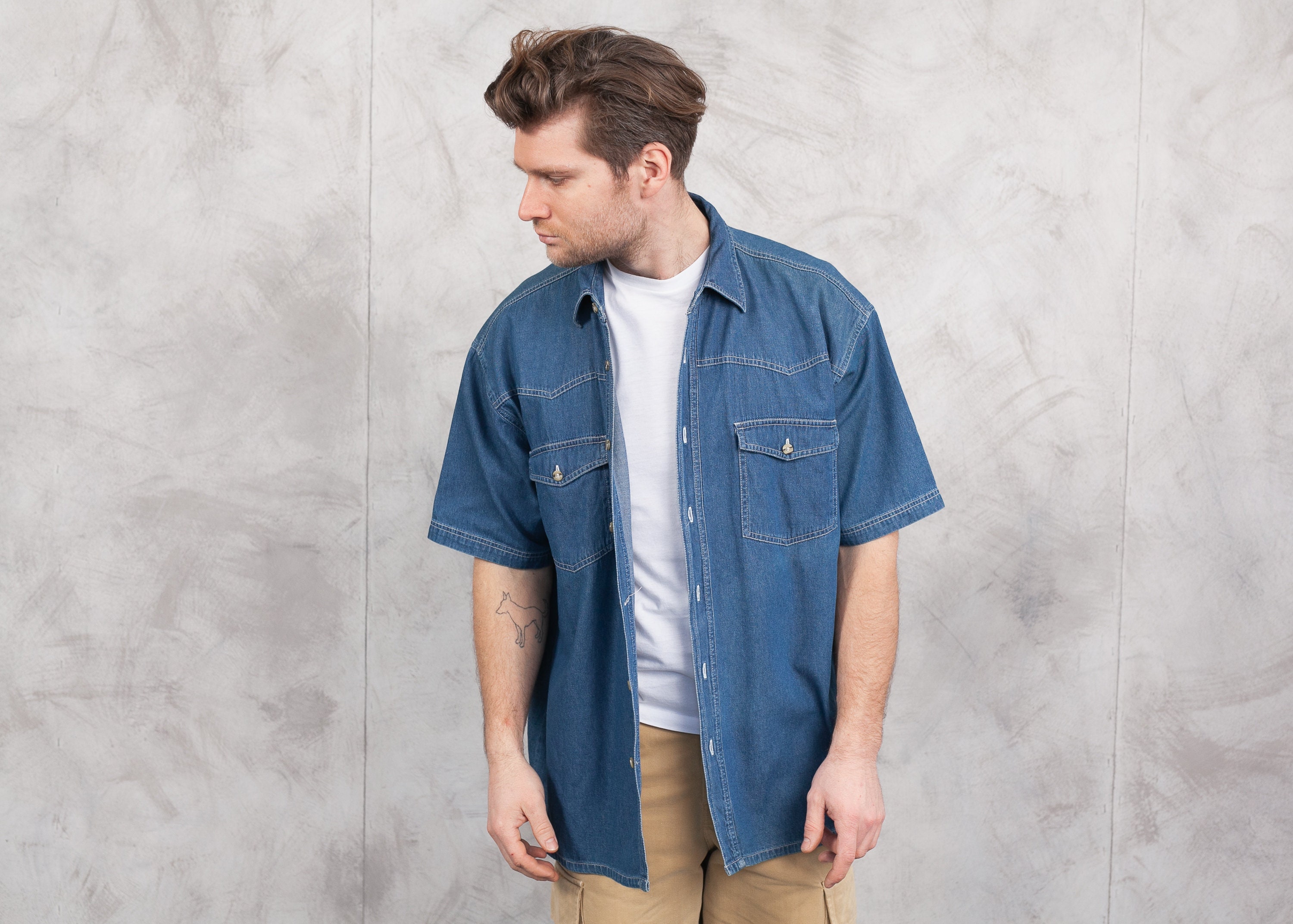 Men Denim Shirt vintage 1990s Shirt 