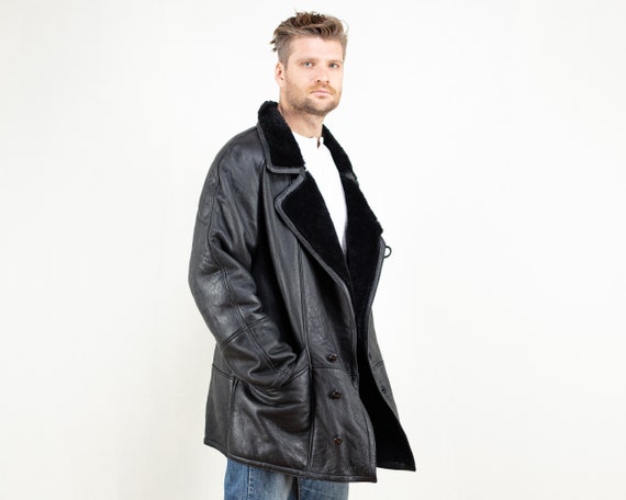 80's Black Sheepskin Coat vintage shearling coat … - image 2