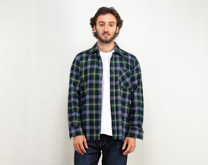 Wool Plaid Shirt 70s men long sleeve shirt green check pattern shirt boyfriend gift idea sharp collar men button down shirt size small