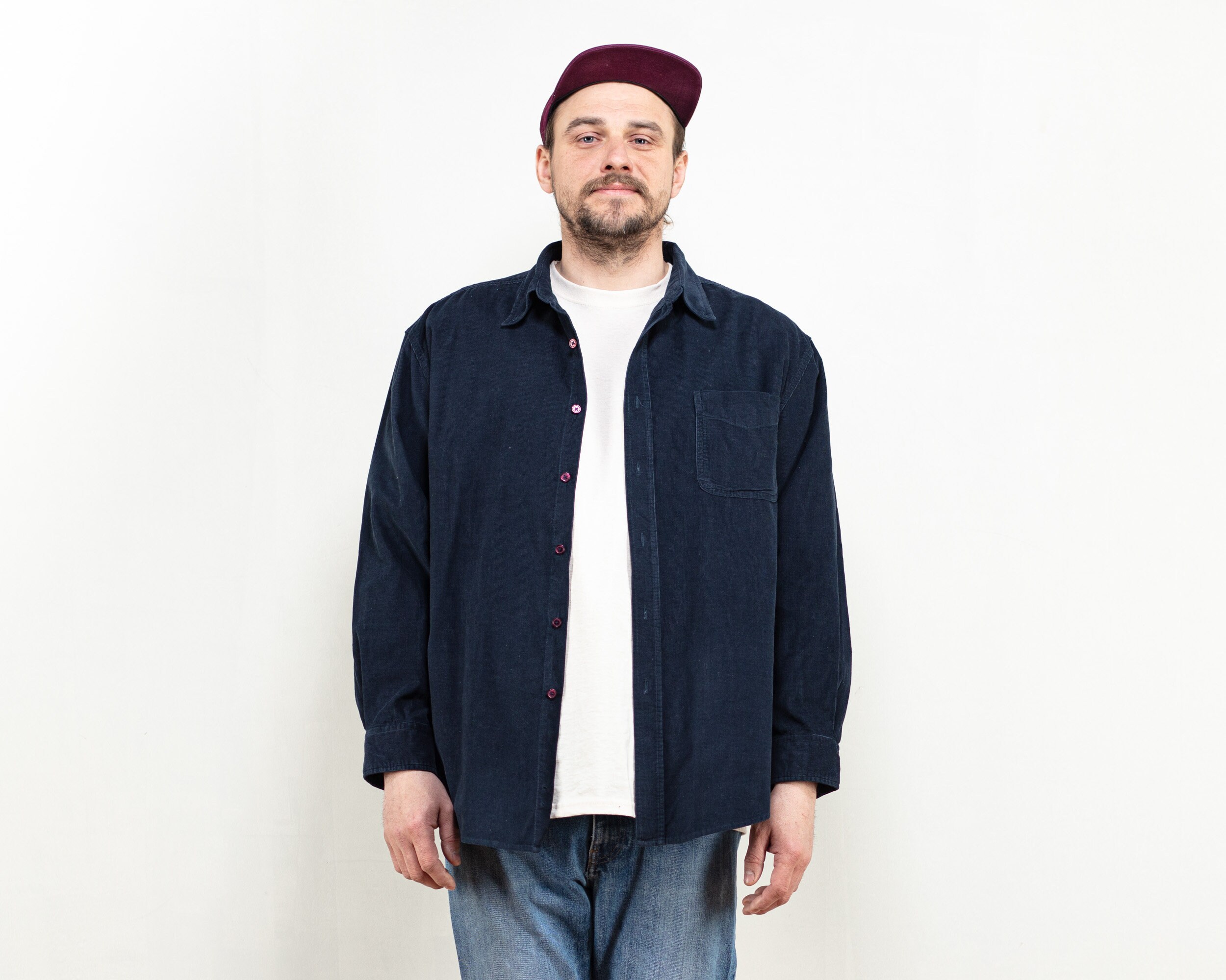 Blue Corduroy Shirt men basic vintage 90s dark blue cord cotton