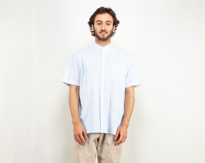 Men Collarless Shirt vintage short sleeve shirt blue 90's classic minimalist shirt summer light shirt office button down shirt size medium m