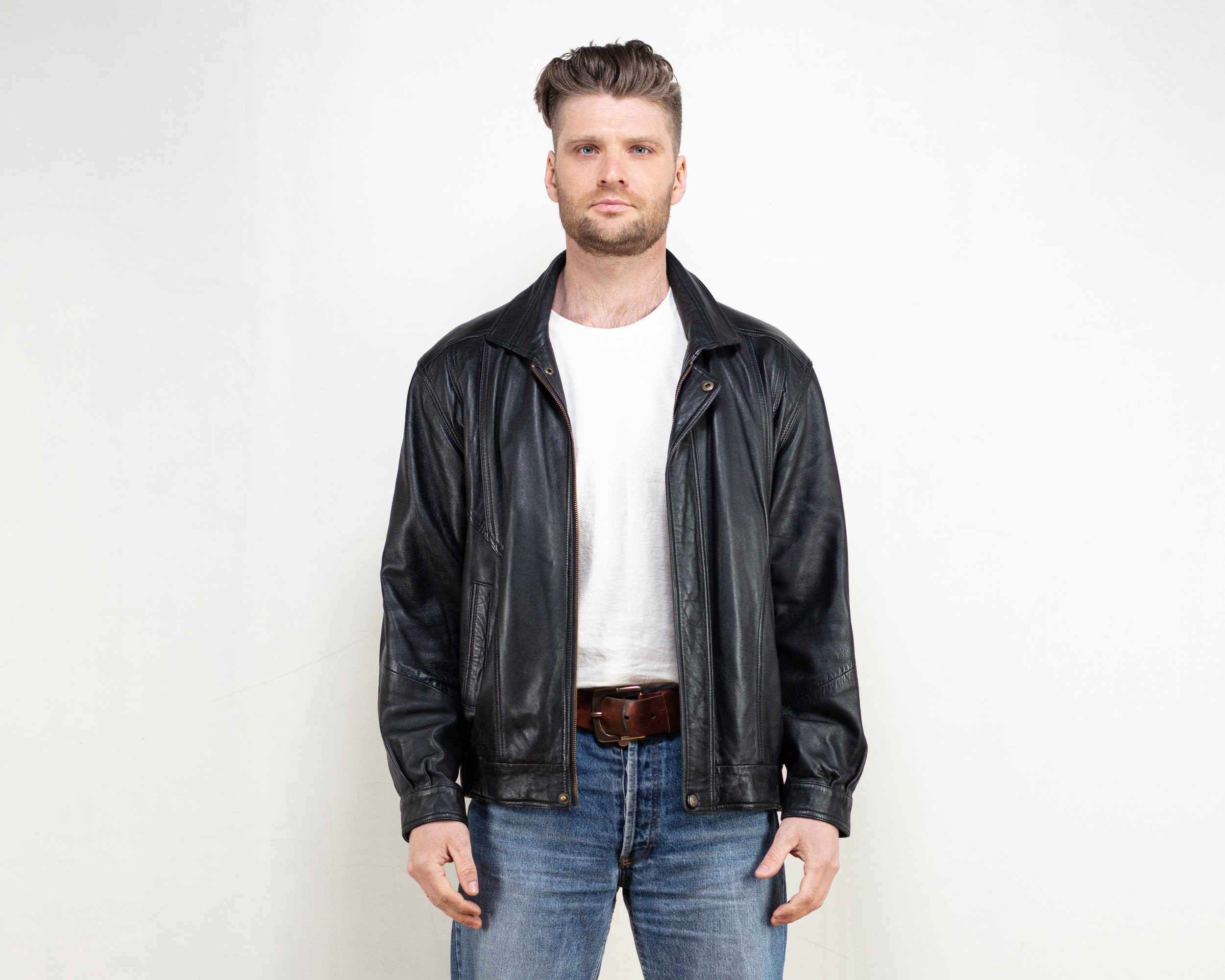 Vintage 90's Leather Jacket Black Side Zip Jacket - Etsy
