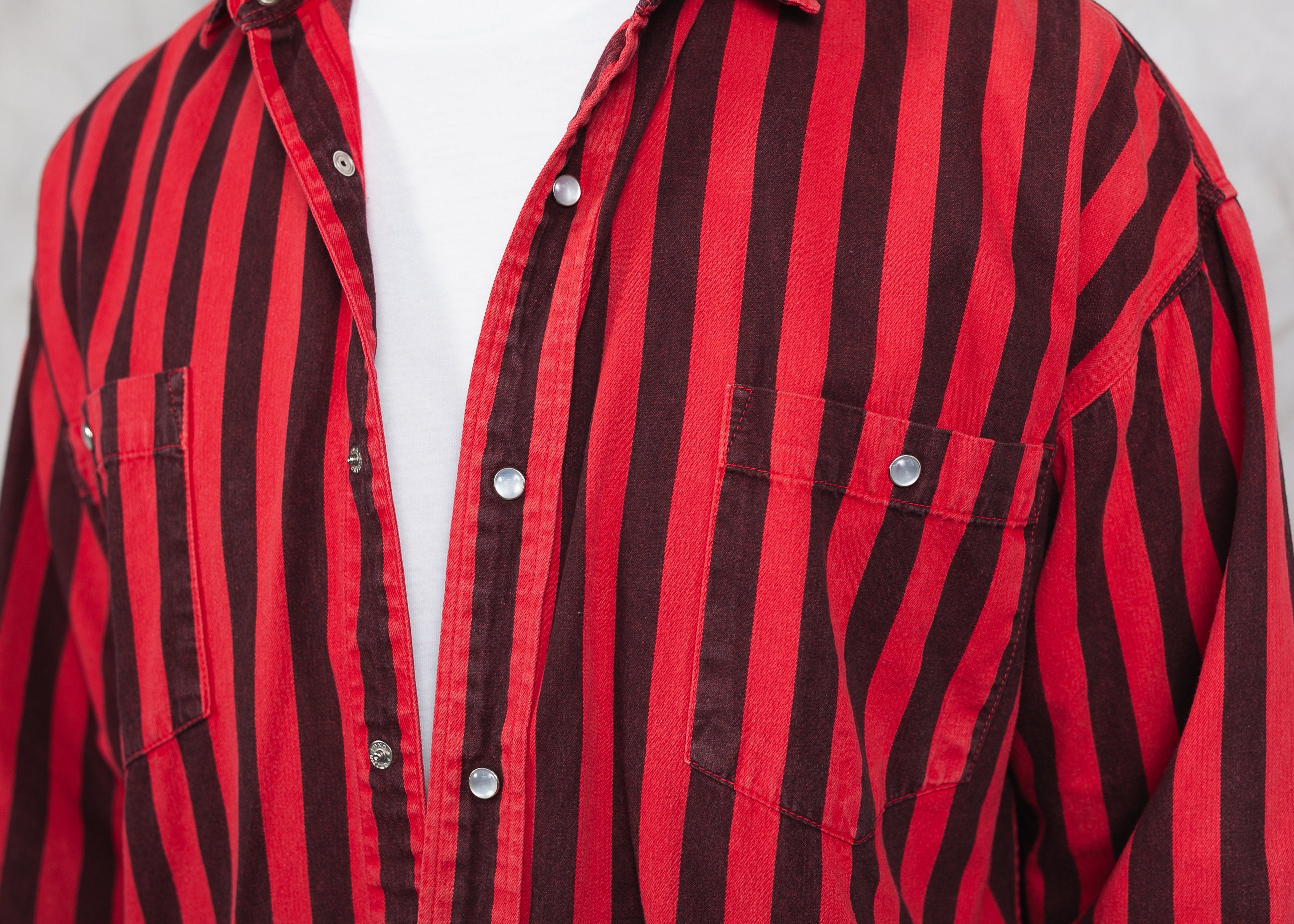 Vintage Striped Shirt . Men Black and Red Stripe Shirt Thick Cotton ...