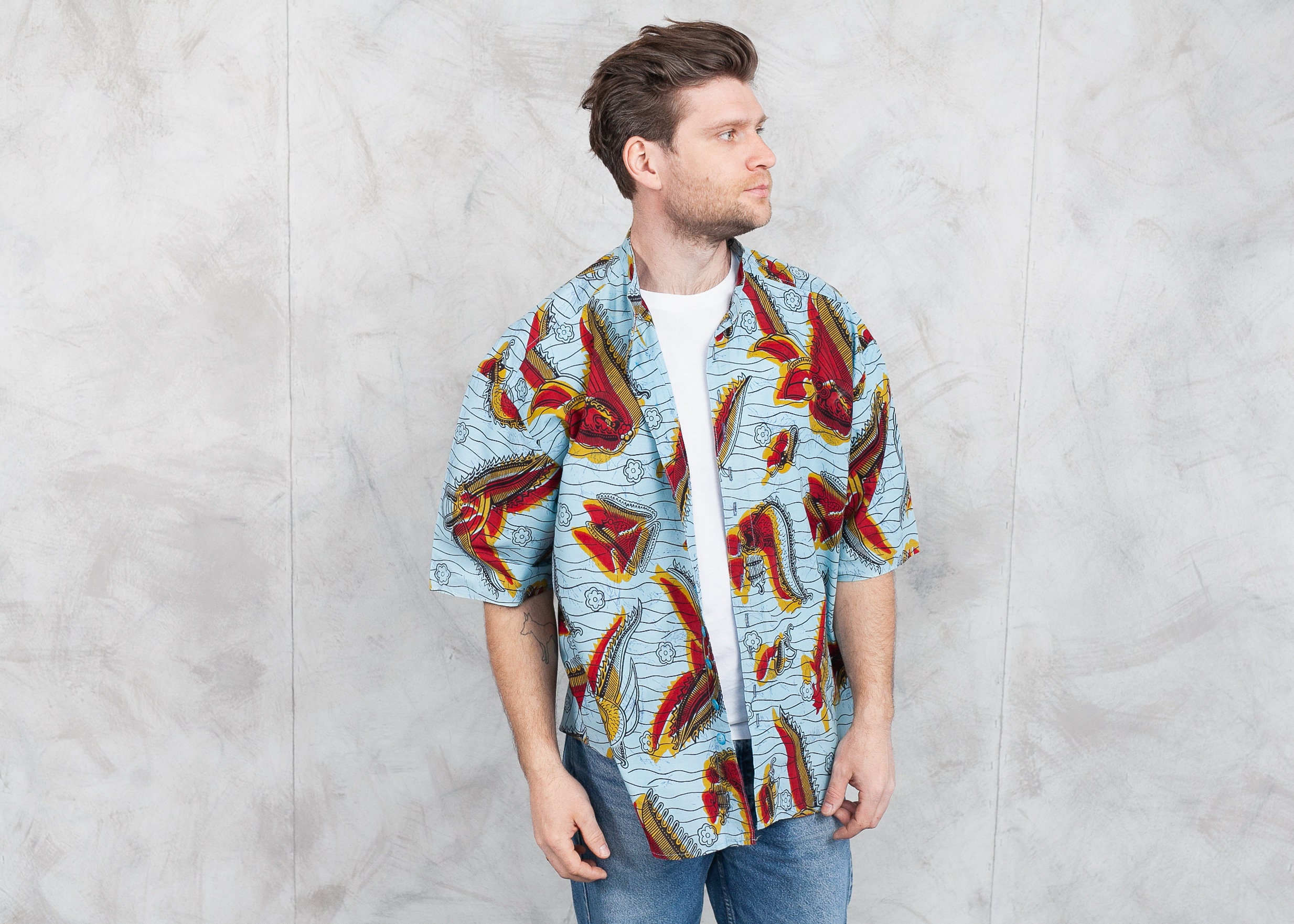 Patterned Band Collar Shirt . Vintage 