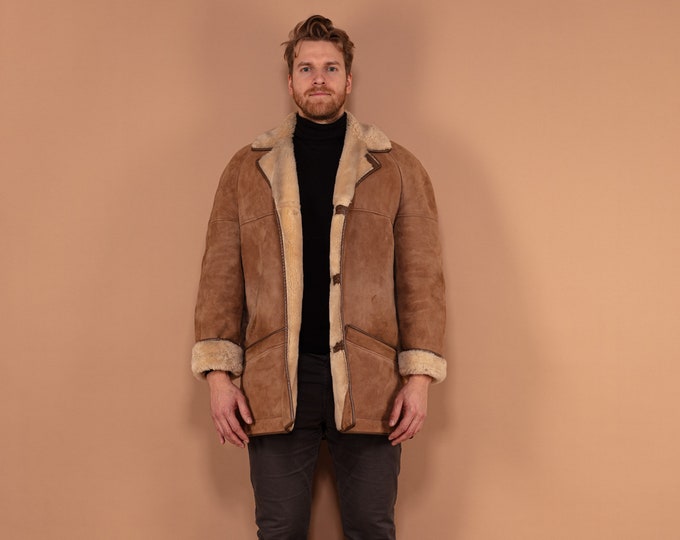 Men Cozy Sheepskin Coat 70's, Size XL, Vintage Brown Soft Suede Men Coat, Oversized Winter Coat, Boho Style Outerwear, Mens Western Coat