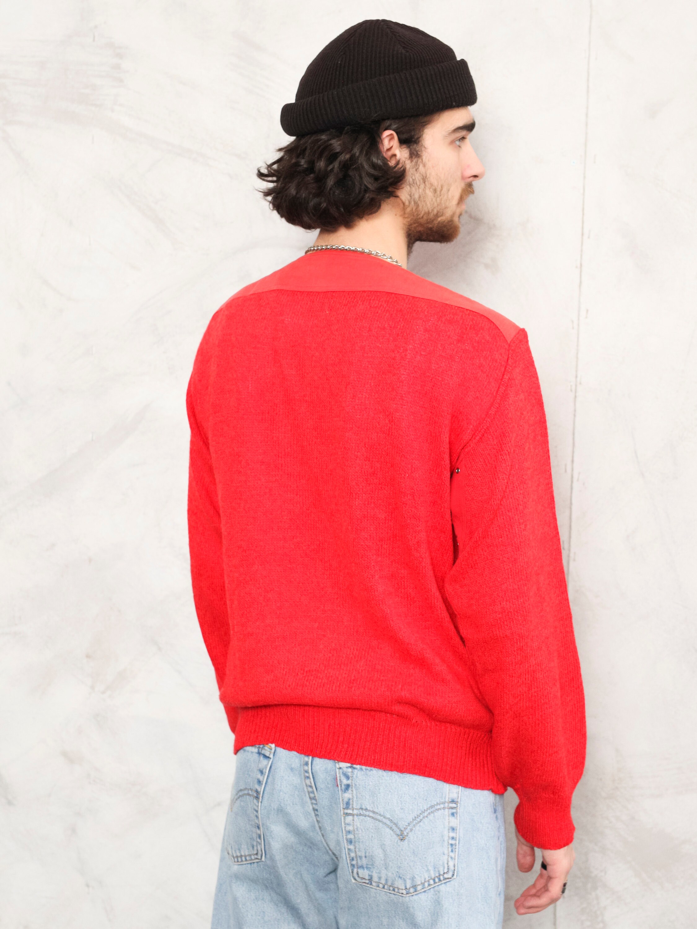 70s Knit Sweater vintage man clothing red retro pullover boho clothing