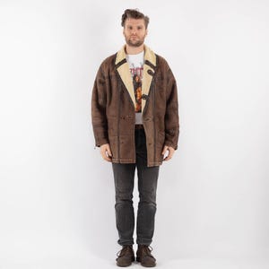 90&#39;s Brown Sheepskin Coat, Size L Vintage Shearling Coat, Retro Leather Coat, Yellowstone Coat, Rugged Western Sheep Coat, Mens Clothing