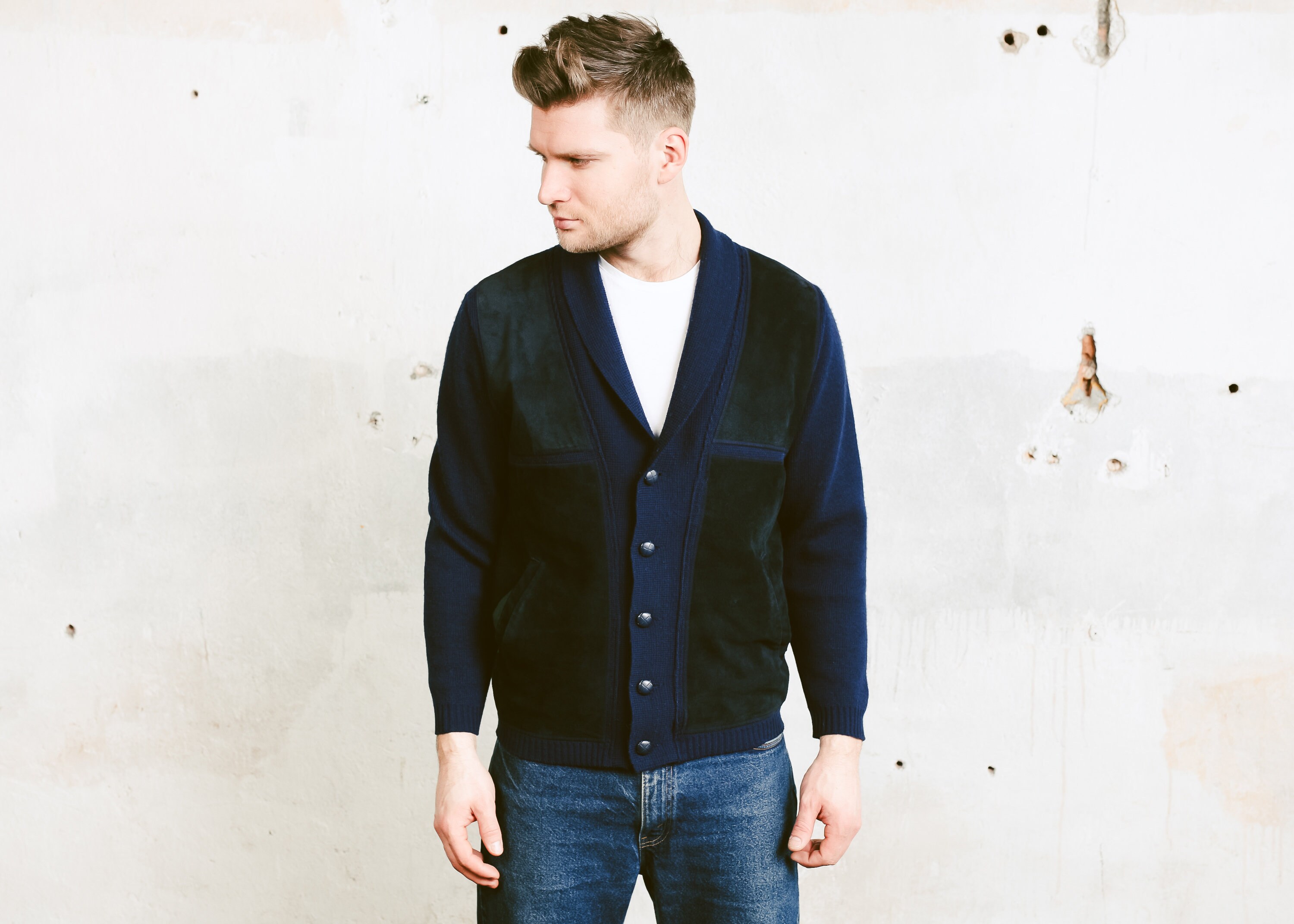 Vintage Men Suede and Knit Jacket . Cardigan 70s Knit ...