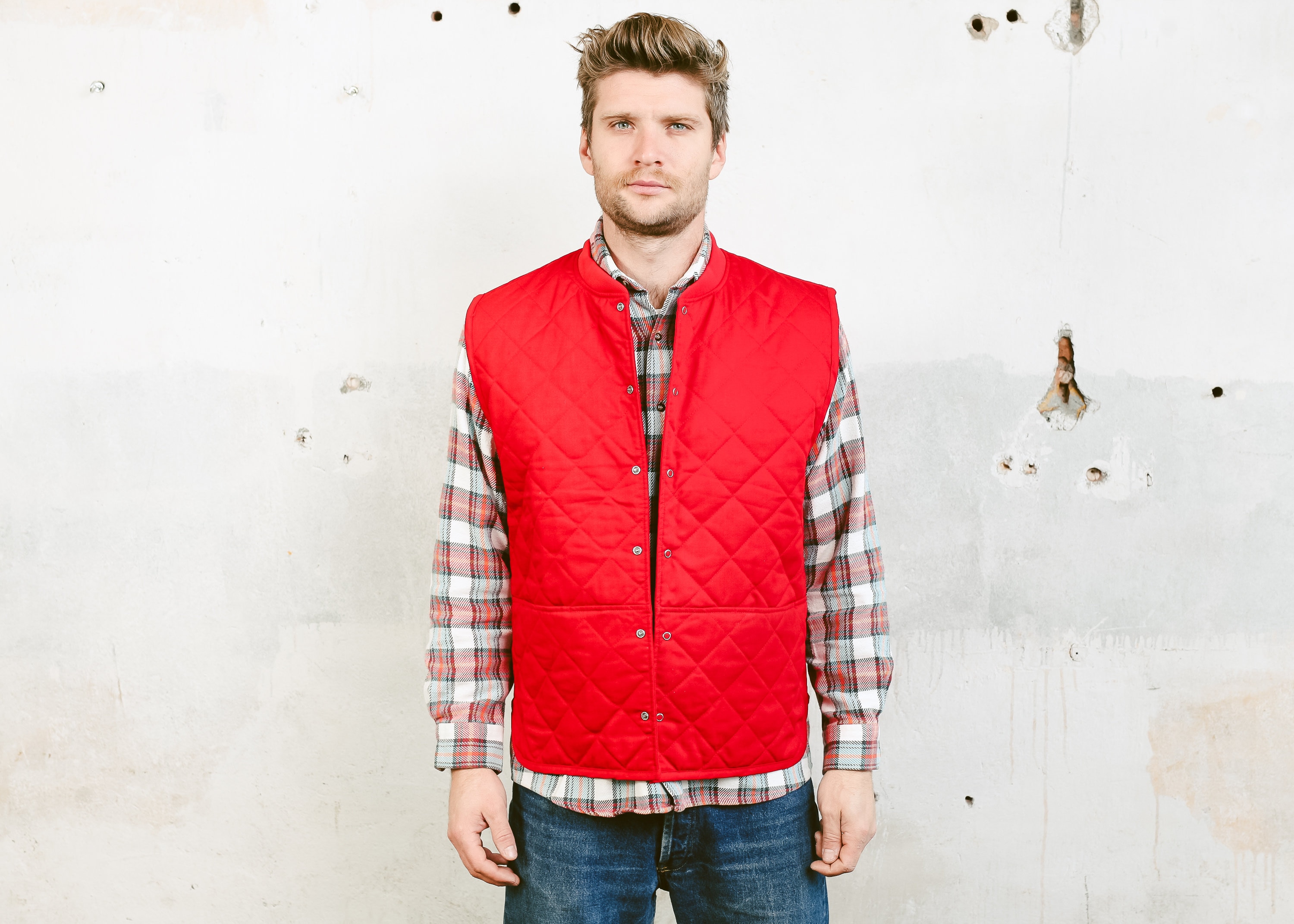 Vintage Red Quilted Vest . Men's Bold Equestrian Snap Button Gilet