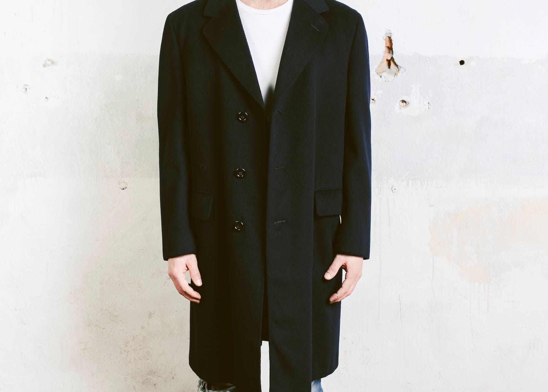 Men Wool Overcoat . Navy Blue Oversized Coat Men's Vintage 70s Winter