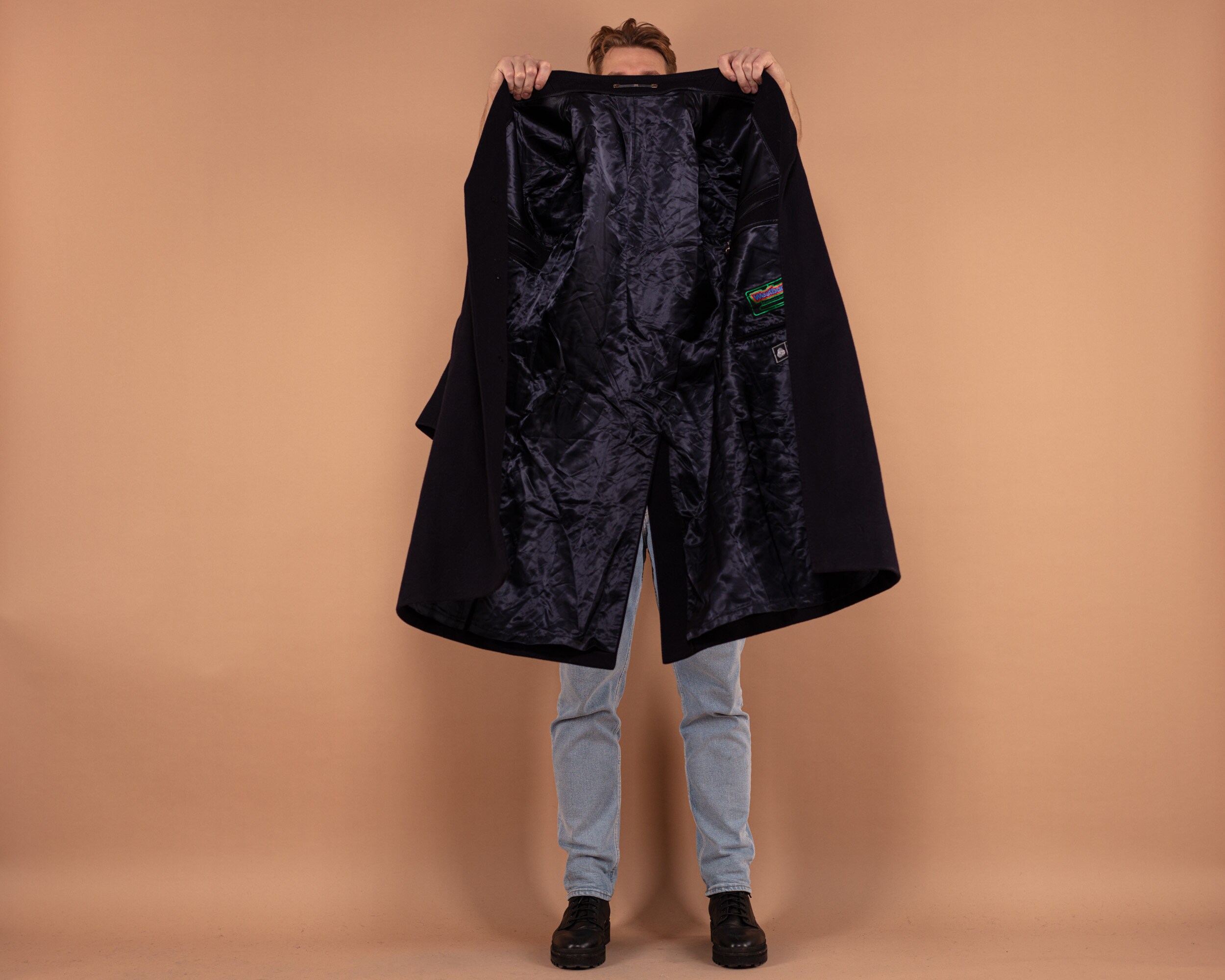 ヴィンテージ80年代ネイビーウールコート：クラシックなロング丈 
