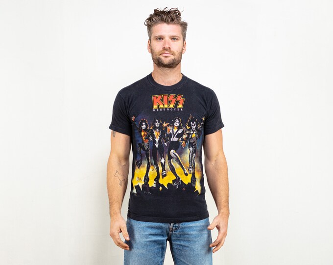 Men Band T-shirt vintage 90's kiss band t-shirt black cotton casual rock & roll black shirt short sleeve summer double printed size small