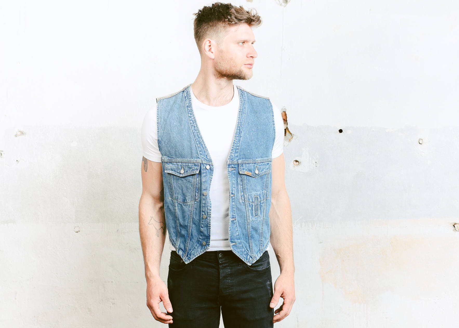 DENIM Vest . Mens 80s Sleeveless Denim 