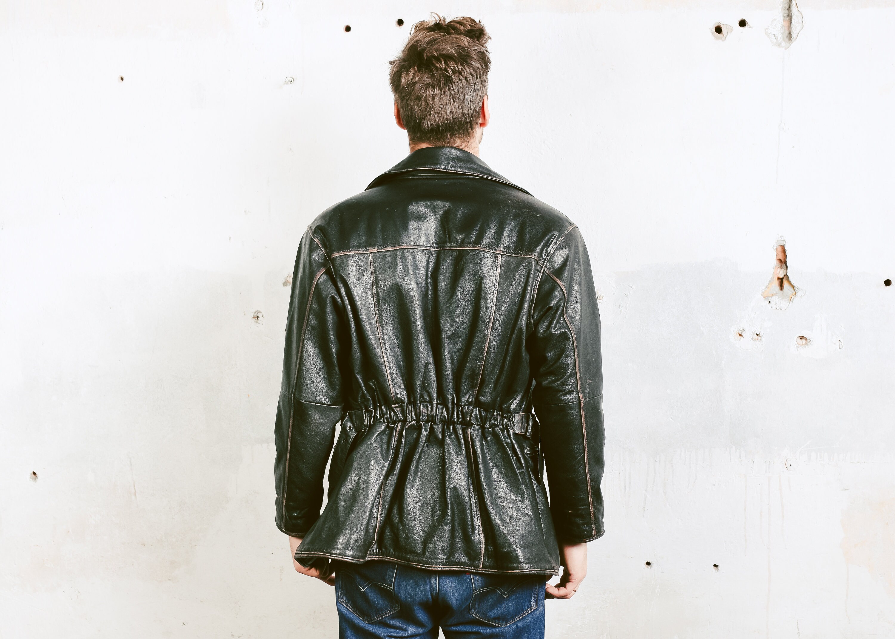 Unisex Leather Biker Jacket . Vintage 90s Leather Coat Dark Brown Punk ...