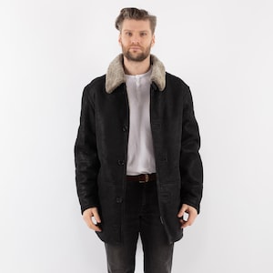 90&#39;s Men Black Sheepskin Coat, Size L Vintage Shearling Coat, Urban Sheepskin Coat, Yellowstone Coat, Vintage Western Ranch Wear