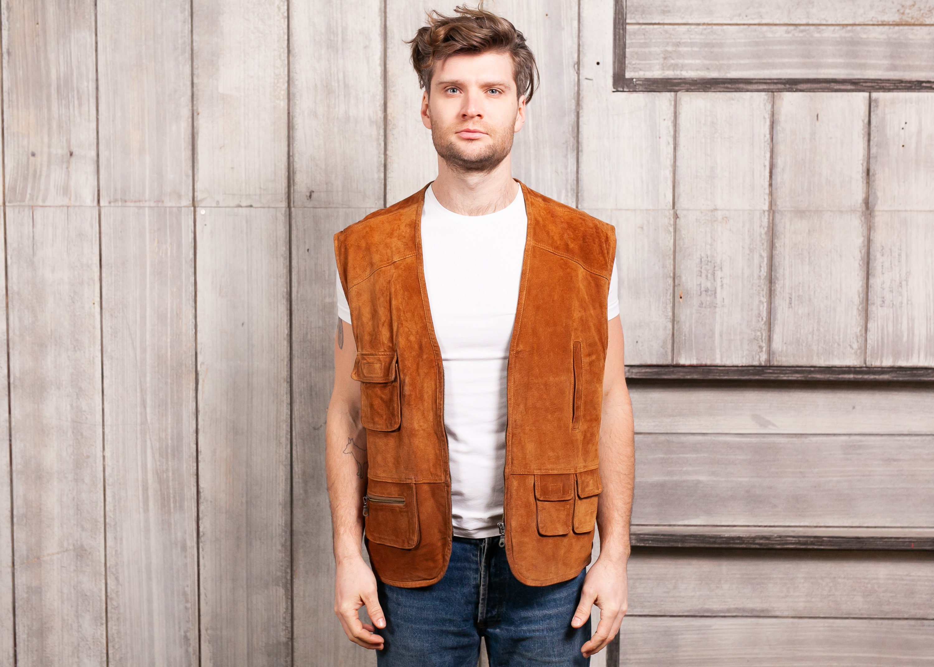 Vintage Suede Utility Vest . Men 1980s Brown Leather Cargo Waistocat