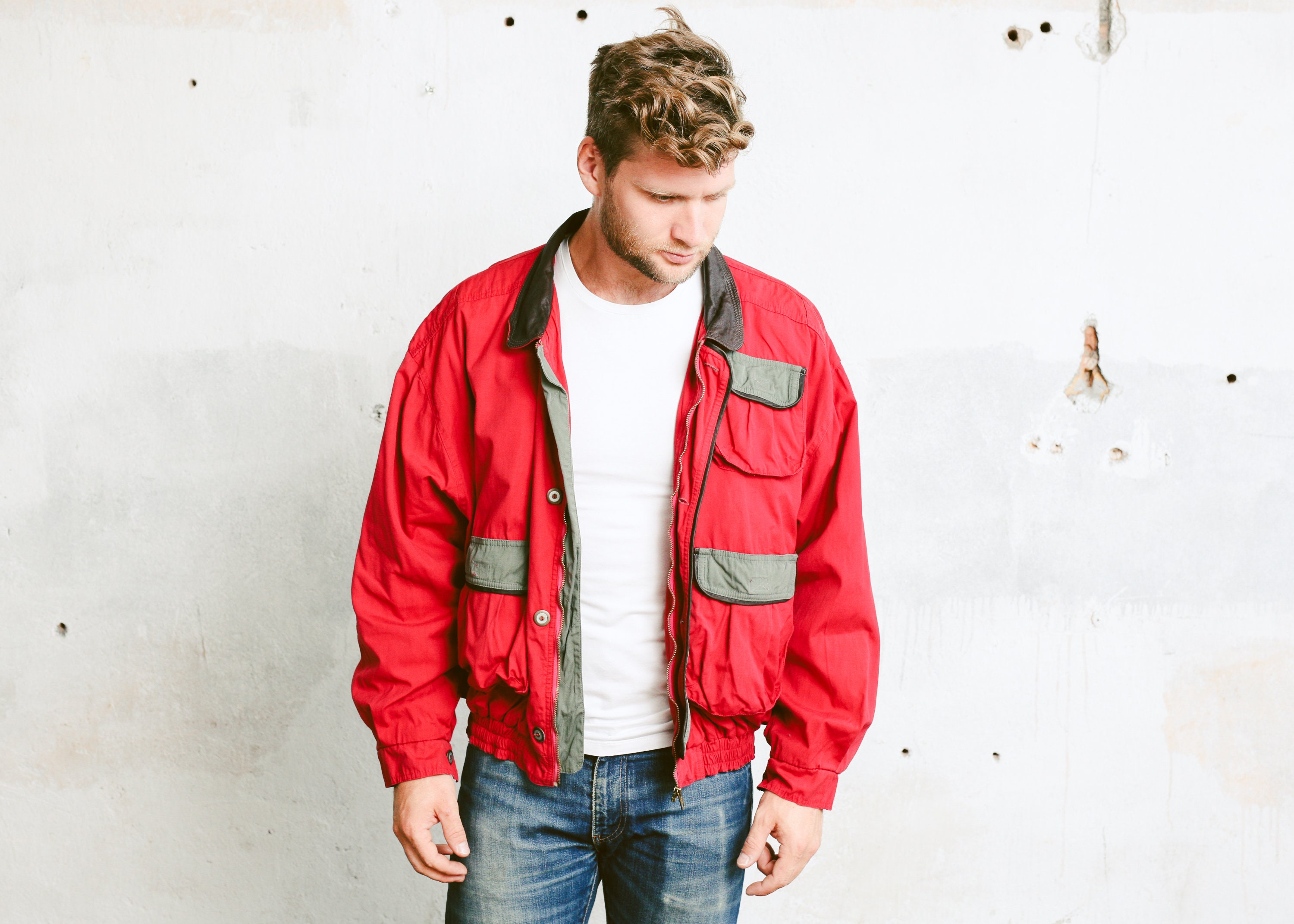 Mens Red Bomber Jacket . Vintage 90s Utility Jacket Pilot Jacket 1990s Grunge Outerwear . size