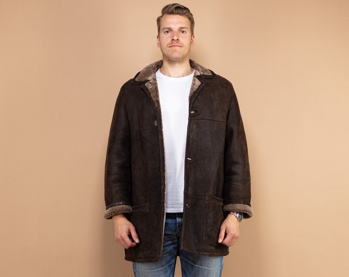 Vintage Warm Coat, Sheepskin Overcoat Large XL, Western Outerwear, Winter Suede Coat, Shearling Coat,  80's Men's Coat, Gift For Husband