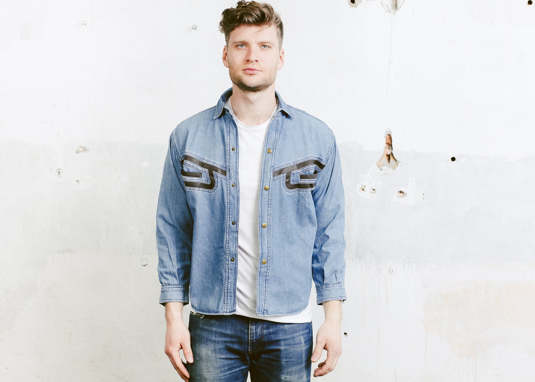 Men Denim Chambray Shirt . Blue Shirt Aztec Leather Inlays Shirt ...