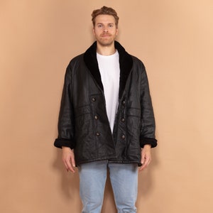 Vintage Leather Sherpa Coat 90s, Size Extra Large, Vintage Men Leather Coat, Boho Style Warm Winter Coat, Black Coat, Gift for Men